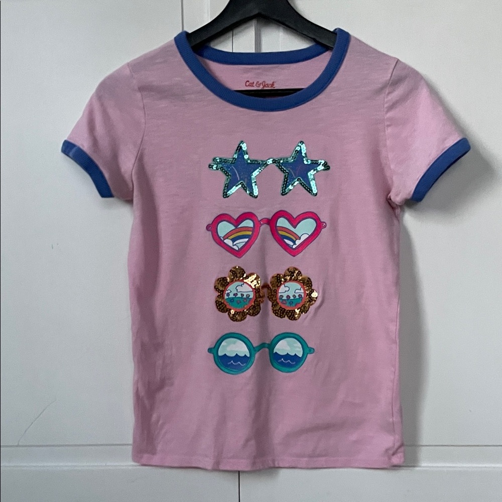 Cat & Jack Pink Ringer Tee with Blue Trim and Sequin Sunglasses